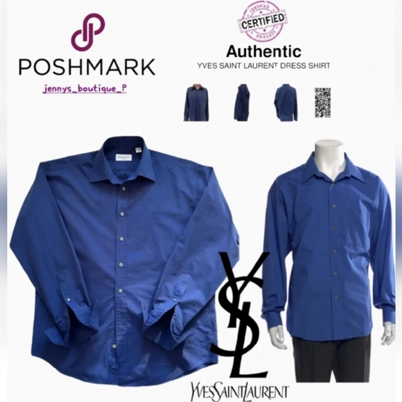 Firm $$ Saint Laurent Classic Button UpNavy Blue Cotton Poly Large-16-34-35 - Picture 1 of 6